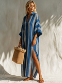 Women's Casual Resort-Style Cotton-Linen Vertical-Stripe V-Neck Flared-Sleeve Loose Maxi Dress ZMZ0777G5ZYY