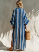 Women's Casual Resort-Style Cotton-Linen Vertical-Stripe V-Neck Flared-Sleeve Loose Maxi Dress ZMZ0777G5ZYY
