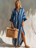 Women's Casual Resort-Style Cotton-Linen Vertical-Stripe V-Neck Flared-Sleeve Loose Maxi Dress ZMZ0777G5ZYY