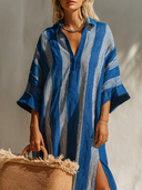 Women's Casual Resort-Style Cotton-Linen Vertical-Stripe V-Neck Flared-Sleeve Loose Maxi Dress ZMZ0777G5ZYY