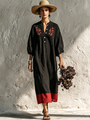 Women's Premium Vintage Cotton-Linen Embroidered V-Neck Lantern-Sleeve Loose Midi Dress ZMZ0759G5ZYY