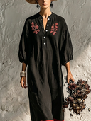 Women's Premium Vintage Cotton-Linen Embroidered V-Neck Lantern-Sleeve Loose Midi Dress ZMZ0759G5ZYY