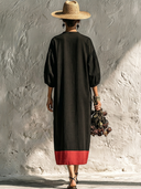 Women's Premium Vintage Cotton-Linen Embroidered V-Neck Lantern-Sleeve Loose Midi Dress ZMZ0759G5ZYY