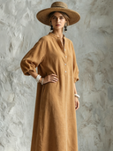 Women's Vintage-Style Faux Suede With Henley Neck And Lantern Sleeves Loose Maxi Dress ZMZ0761G9ZYY