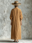 Women's Vintage-Style Faux Suede With Henley Neck And Lantern Sleeves Loose Maxi Dress ZMZ0761G9ZYY