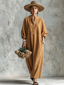 Women's Vintage-Style Faux Suede With Henley Neck And Lantern Sleeves Loose Maxi Dress ZMZ0761G9ZYY