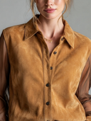 Women's Vintage-Style Faux Suede And Mesh Panel Long-Sleeve Shirt ZMZ0729G1ZYY