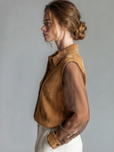 Women's Vintage-Style Faux Suede And Mesh Panel Long-Sleeve Shirt ZMZ0729G1ZYY