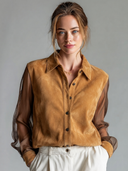 Women's Vintage-Style Faux Suede And Mesh Panel Long-Sleeve Shirt ZMZ0729G1ZYY
