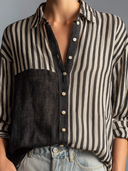 Women's Vintage Casual Cotton-Linen Vertical-Stripe Long-Sleeve Shirt ZMZ0262G1ZYY
