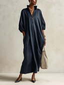 Women's Vintage Navy Blue Satin Maxi Dress With A Zip-up Stand Collar And Three-quarter Sleeves ZMZ0808G0SWL
