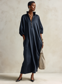 Women's Vintage Navy Blue Satin Maxi Dress With A Zip-up Stand Collar And Three-quarter Sleeves ZMZ0808G0SWL