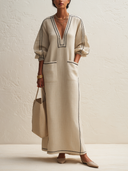 Women's Classic Cotton-Linen V-Neck Three-Quarter Sleeve Maxi Dress ZMZ0857G5SWL