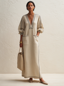 Women's Classic Cotton-Linen V-Neck Three-Quarter Sleeve Maxi Dress ZMZ0857G5SWL