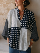 Women's Vintage Cotton-Linen V-Neck Printed 3/4 Sleeve Top ZMZ0850G1SWL
