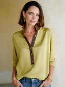 Women's Fashion Lemon Green Matte Satin Henley Collar Long-Sleeved Top ZMZ0855G0SWL