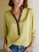 Women's Fashion Lemon Green Matte Satin Henley Collar Long-Sleeved Top ZMZ0855G0SWL