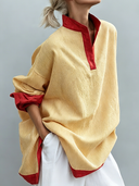 Women's Vintage Casual Color-Block Cotton-Linen With Stand Collar Long-Sleeve Shirt ZMZ0824G5ZYY