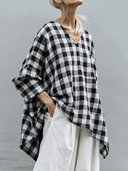 Women's Vintage Casual Black & White Checkered Cotton V-Neck Long-Sleeve Loose Shirt ZMZ0838G4ZYY