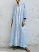 Women Premium Cotton Linen Vertical Stripe Panel Maxi Dress Stand Collar Roll Sleeve Pocket Loose Vacation Caftan Tunic ZMZ0860G6YZH