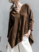 Women's Classic American Retro Faux Suede V-Neck Long-Sleeve Loose Shirt ZMZ0870G2ZYY