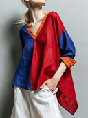 Women's Fashionable Casual Color-Block Panel Design Cotton LinenV-Neck Long-Sleeve Shirt ZMZ0893G5ZYY