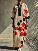 Women's Vintage Casual Cotton-Linen Printed V-Neck Short-Sleeve Loose Maxi Dress ZMZ0853G0ZYY