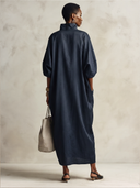 Women's Vintage Navy Blue Satin Maxi Dress With A Zip-up Stand Collar And Three-quarter Sleeves ZMZ0808G0SWL
