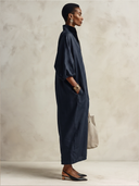 Women's Vintage Navy Blue Satin Maxi Dress With A Zip-up Stand Collar And Three-quarter Sleeves ZMZ0808G0SWL