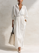 Women's Classic Textured Blended Fabric Belted Long-sleeved Maxi Dress ZMZ0874G1SWL