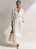 Women's Classic Textured Blended Fabric Belted Long-sleeved Maxi Dress ZMZ0874G1SWL