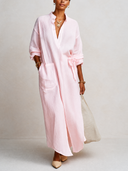 Women's Classic Cotton Linen V-Neck Front Slit Long Sleeve Maxi Dress ZMZ0877G4SWL