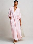 Women's Classic Cotton Linen V-Neck Front Slit Long Sleeve Maxi Dress ZMZ0877G4SWL