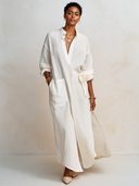 Women's Classic Cotton Linen V-Neck Front Slit Long Sleeve Maxi Dress ZMZ0877G4SWL