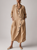 Women's Stylish Loose-Fit Cotton-Linen Long-Sleeve Midi Dress ZMZ0873G0SWL