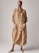 Women's Stylish Loose-Fit Cotton-Linen Long-Sleeve Midi Dress ZMZ0873G0SWL