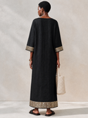 Women's Retro Cotton Linen Three-Quarter Sleeve Patchwork Sequin Maxi Dress ZMZ0830G2SWL