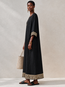 Women's Retro Cotton Linen Three-Quarter Sleeve Patchwork Sequin Maxi Dress ZMZ0830G2SWL