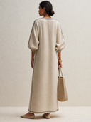 Women's Classic Cotton-Linen V-Neck Three-Quarter Sleeve Maxi Dress ZMZ0857G5SWL