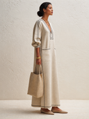 Women's Classic Cotton-Linen V-Neck Three-Quarter Sleeve Maxi Dress ZMZ0857G5SWL