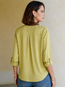 Women's Fashion Lemon Green Matte Satin Henley Collar Long-Sleeved Top ZMZ0855G0SWL
