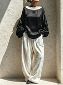 Women's Premium Minimalist Satin Boat-Neck Long-Sleeve Top And Cotton-Linen Wide-Leg Pants Set ZMZ0940G9ZYY