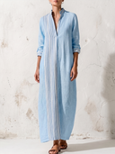 Women Premium Cotton Linen Color Block Vertical Striped Maxi Dress Stand Collar Long Sleeve Loose Vacation Caftan Tunic ZMZ0786G2YZH