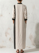 Women Premium Cotton Linen Color Block Vertical Striped Maxi Dress Stand Collar Long Sleeve Loose Vacation Caftan Tunic ZMZ0786G2YZH
