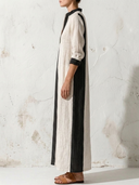Women Premium Cotton Linen Color Block Vertical Striped Maxi Dress Stand Collar Long Sleeve Loose Vacation Caftan Tunic ZMZ0786G2YZH