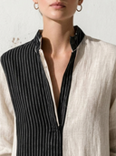 Women Premium Cotton Linen Color Block Vertical Striped Maxi Dress Stand Collar Long Sleeve Loose Vacation Caftan Tunic ZMZ0786G2YZH