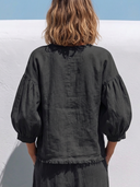 Women Premium Cotton Linen Button Down Blouse Round Neck Puff 3/4 Sleeve Raw Fringe Hem Loose Short Casual Top ZMZ0742G8YZH