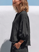 Women Premium Cotton Linen Button Down Blouse Round Neck Puff 3/4 Sleeve Raw Fringe Hem Loose Short Casual Top ZMZ0742G8YZH