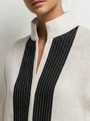 Women Premium Cotton Linen Geometric Striped Maxi Kaftan Dress Stand Collar Long Sleeve Pocket Loose Vacation Tunic ZMZ0754G4YZH