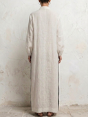 Women Premium Cotton Linen Geometric Striped Maxi Kaftan Dress Stand Collar Long Sleeve Pocket Loose Vacation Tunic ZMZ0754G4YZH